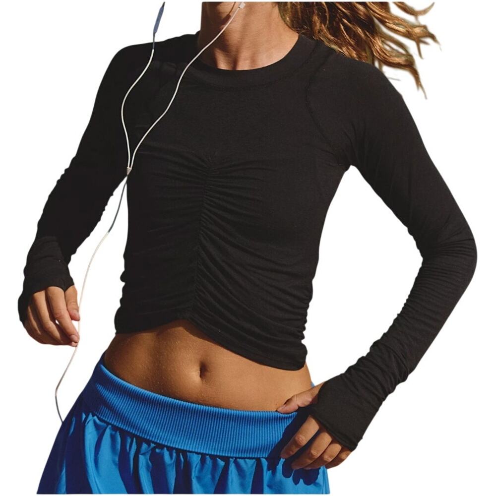 Free People Women's Tempo Ruched Long Sleeve in Black, Size S